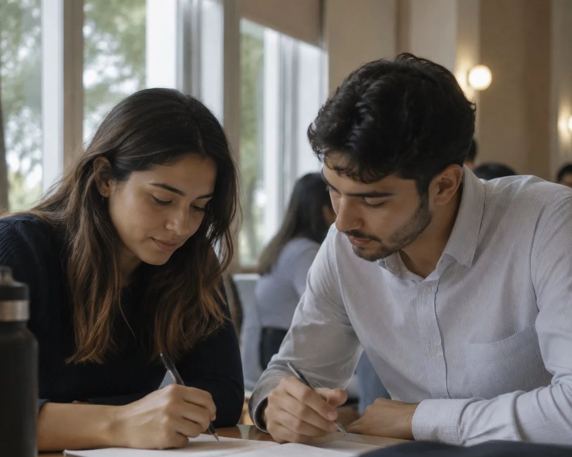 Participante de mão erguida à mesa de seminário, entre cadernos e folhas soltas